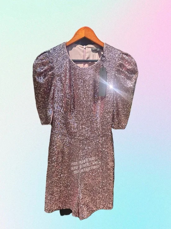 Summer Party Fairycore Sequin Puff Sleeve Playsuit Sz 2 Rose Metallic NWT - Picture 1 of 7